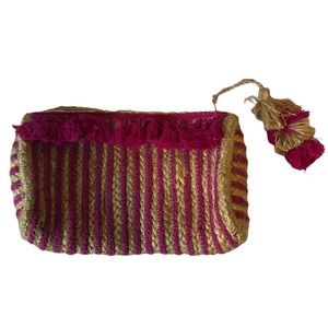 Francesca’s Collections Hot Pink Straw Clutch with Tassel and Pom-Poms- Adorable